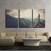 wall26 - 3 Piece Canvas Wall Art - Woman Hiker on a Top of a Mountain - Modern Home Art Stretched and Framed Ready to Hang - 24"x36"x3 Panels
