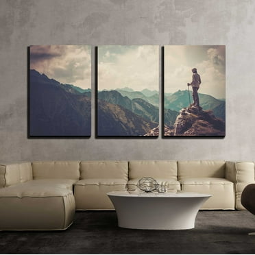 wall26 - 3 Piece Canvas Wall Art - Woman Hiker on a Top of a Mountain - Modern Home Art Stretched and Framed Ready to Hang - 24"x36"x3 Panels