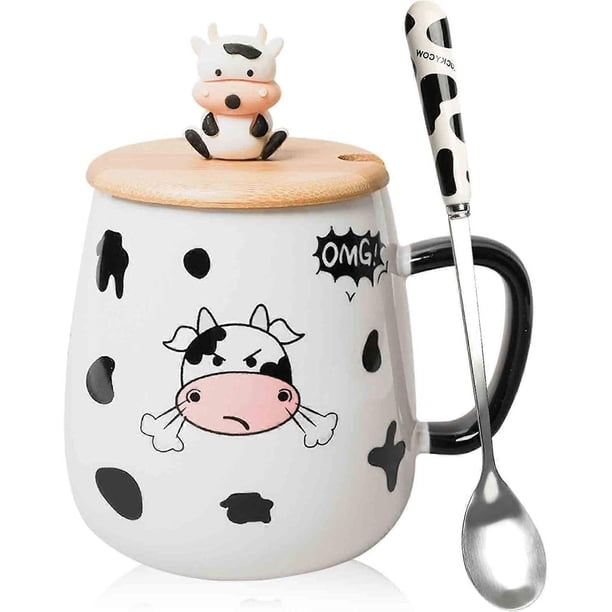 Cute Cow Coffe Mug with Cover and Spoon, Ceramic Cow Coffee mug, 420ml Kawaii Cow Mugs, 3D Animal Cow Mug Prefect Gifts For Boys Girl Women Kid (Angry