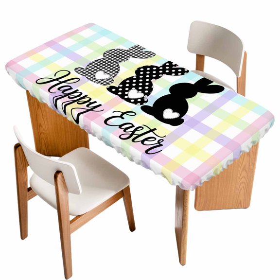 Happy Easter Table Cloths for 5 Foot Rectangle Tables, Black White Polka Dots Rabbits Colorful Plaid Patio Waterproof Elastic Fitted Tablecloths, Washable Rectangular Table Cover for Camping
