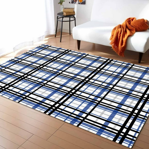 Area Rug 2'x3' Abstract Stripes Blue Black Grey Plaid Washable Area Rugs Non Shedding Floor Carpet Rubber Backing Non-Slip Indoor Mats for Living Room Bedroom Kitchen
