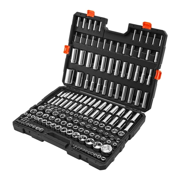 KFFKFF 163-Piece Socket Set with 3/8, 1/4, and 1/2-inch Drive Options, SAE and Metric Sizes, Includes Deep and Standard Sockets, Durable Tool Kit with Storage Case, Chrome-Plated CR-V Steel