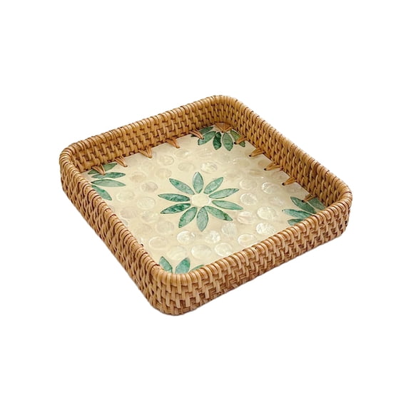 Handmade Rattan Shell Round Tray Colorful Storage Tray Bread Fruit Basket Elegant Coffee Table Tray,Green Flower,Small