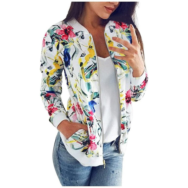  Top for Women Bomber Jacket Thin Summer Long Sleeve  Transitioned Coat Lady Basic Cute Floral Zipper Stand Collar Blouse :  Clothing, Shoes
