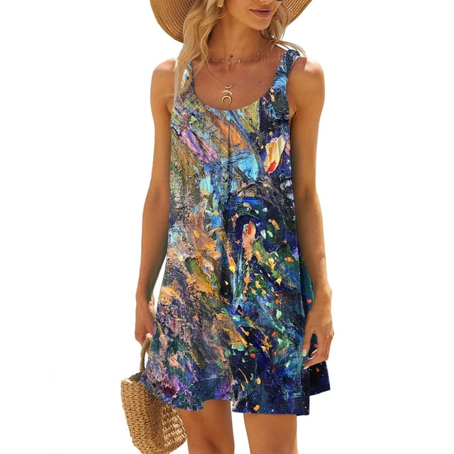 SMihono Robe Maxi Bohème d'Été pour Femmes Grande Taille Décontractée Imprimée Col Rond Manches Courtes Ample Longueur Genou Robe de Plage