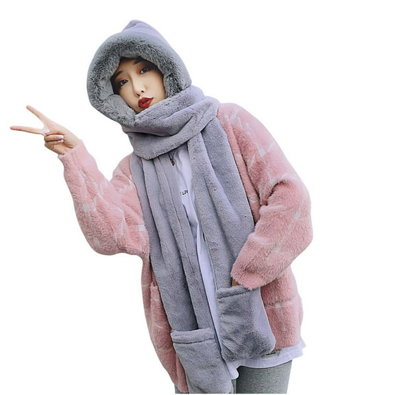 IROINNID Winter Hat for Women Cold Proof Three in One Thermal Cap Warm Scarf with Pocket,Gray