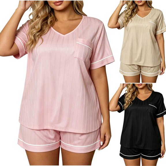 Bxsruta Womens Pajama Set Short Sleeve V Neck Sleepwear Loungewear Shirt and Shorts
