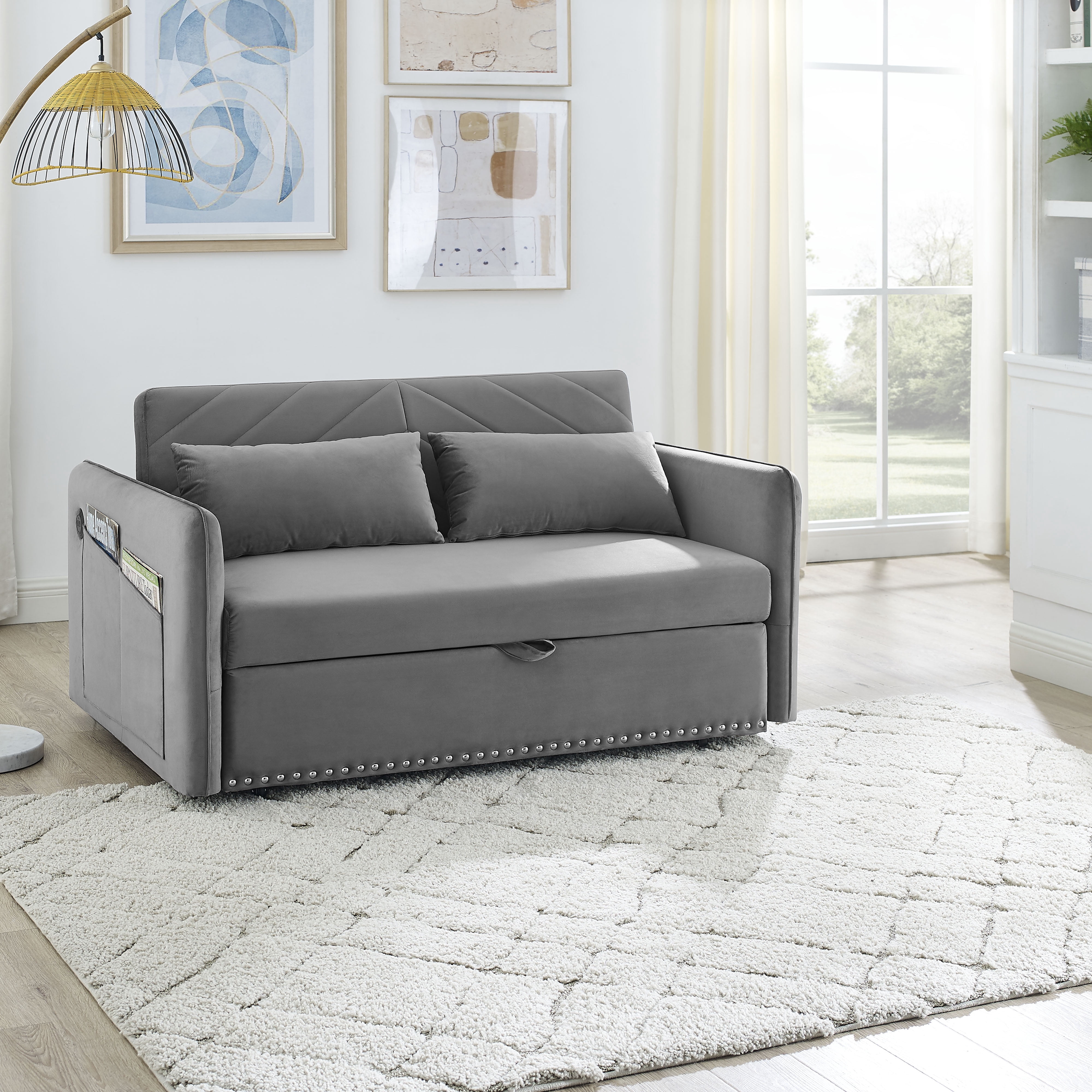 MAYEERTY Sleeper Sofa Bed with USB, 3-in-1 Adjustable Pull-Out Bed & Side Pocket (Velvet)