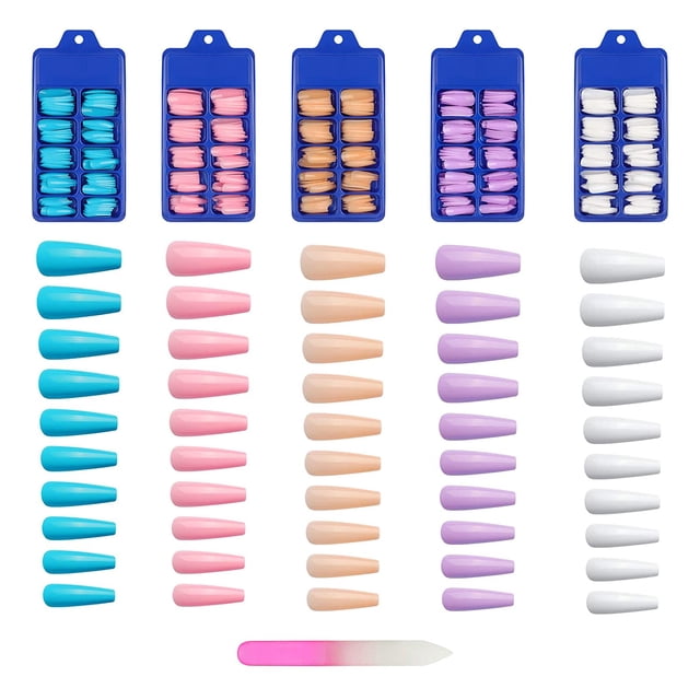 Multicolor Long Press on Nails Coffin Fake Nails Set Bailarina Artificial Nail Art Tips para mujeres niñas Acrílico Uñas postizas con 1 lima de uñas (Morandi Blue, Light Orange, Purple) Ormromra WMZL-858-4