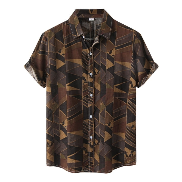 Camisas Vaqueras Para Hombre Camisa informal a la para hombre, camisa hawaiana con estampado geométrico, blusa de manga corta con botones y cuello vuelto, camisa de verano (Coffee, L)