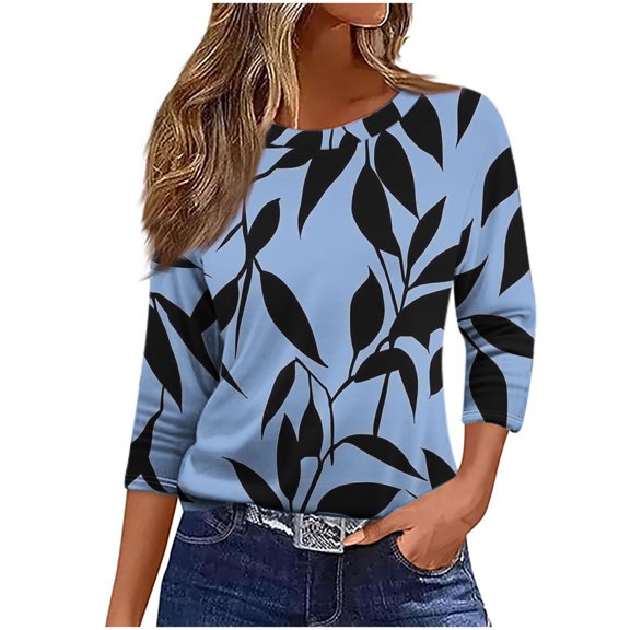 Women's Graphic Tee Shirt 3/4 Length Sleeve Plus Size Printed Summer Fall Tops Casual Crew Neck Tshirts (S, Navy 04)