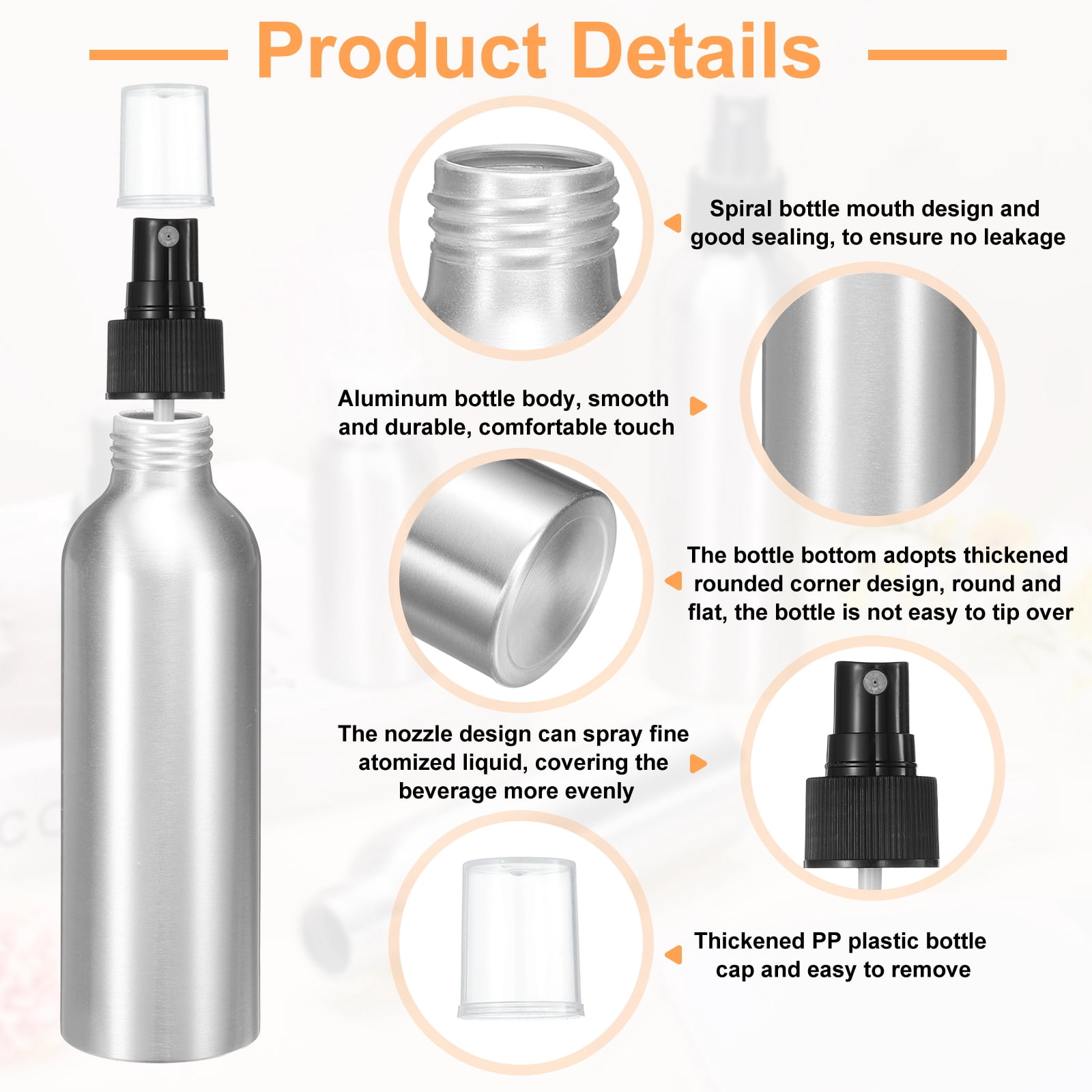 Uxcell 5pcs Aluminum Fine Mist Spray Bottles 150ml/5oz Metal Small Liquid Alcohol Refillable Travel Container with Black Plastic Nozzle Cap for Perfume Skincare Cosmetic Storage Bottle