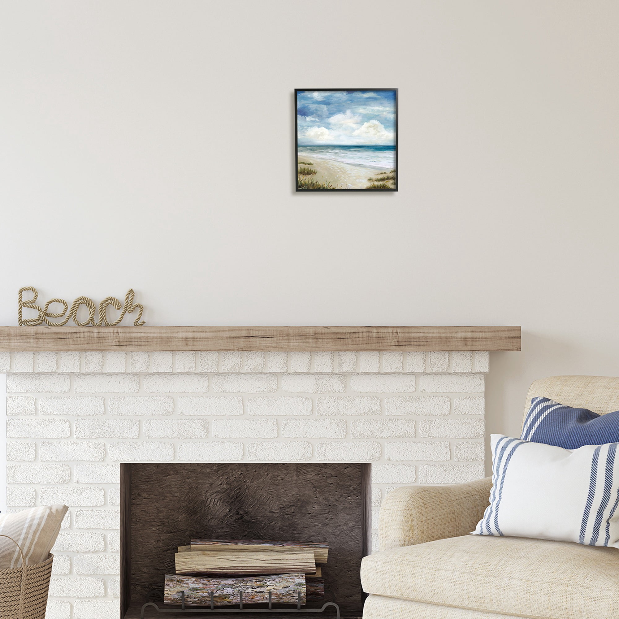 Stupell Industries Soft Clouds over Beach Nature Painting Black Framed Art Print Wall Art, 12 x 12