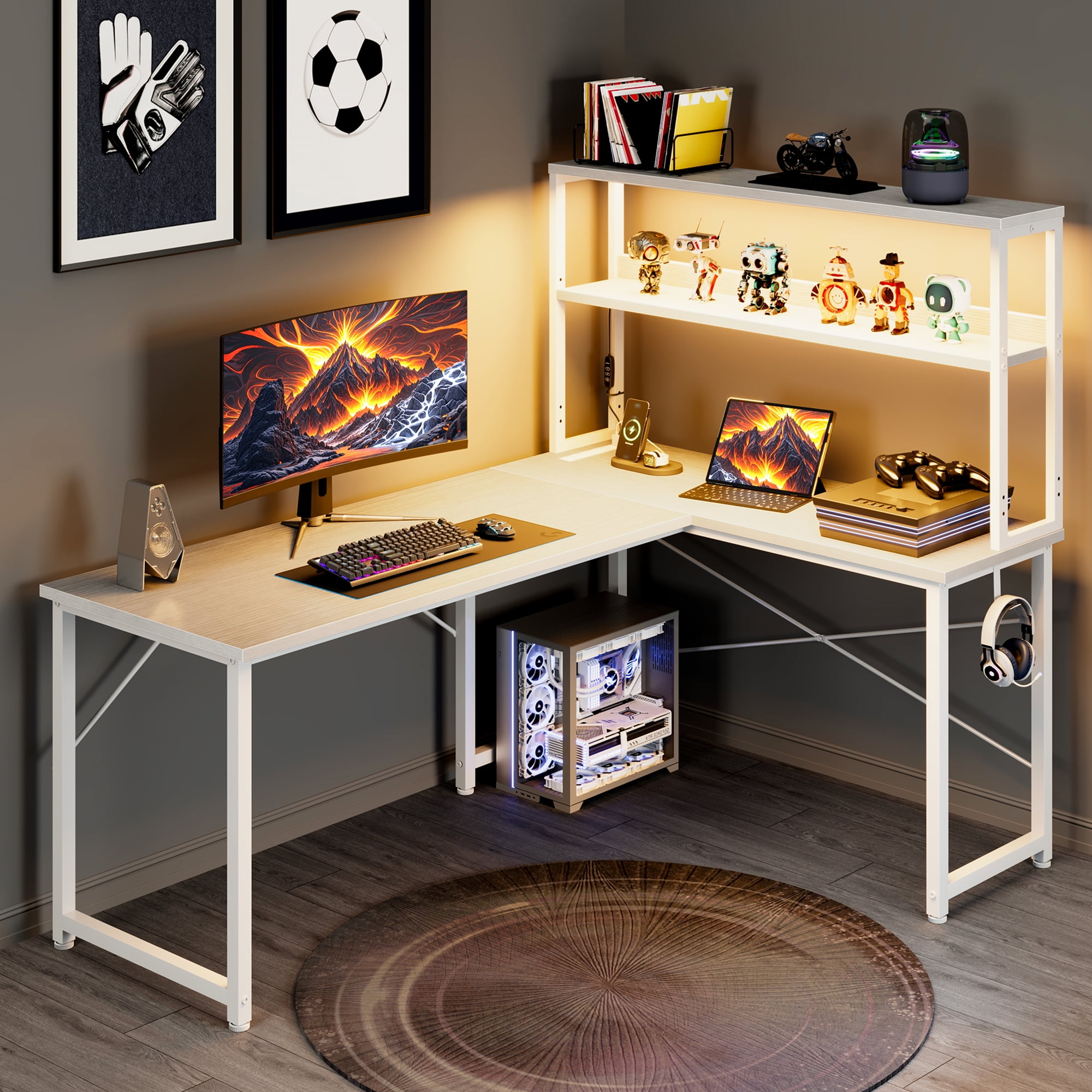 Casacomoda 53 Inch L Shaped Desk with LED Light & Power Outlet, Reversible L Shaped Computer Table with Shelf & Hook for Home Office, White