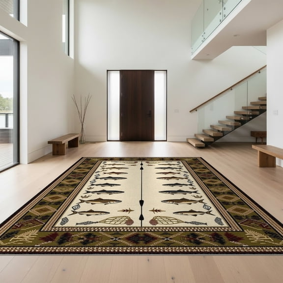 Design&I 6'x9' Washable Area Rug Fish Cabin Mounted Trophy Motif Fishing Clownfish Lake Trout for Queen Size Bedroom, Under Bed, Sleek Flatweave Pet Friendly
