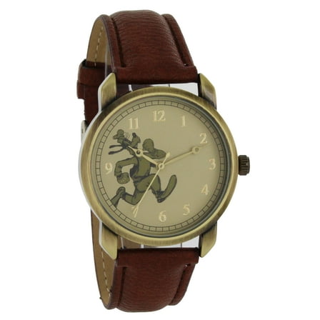 Disney Vintage Style Goofy Gold Tone Case Brown Strap Gold Hands Quartz Watch GY5002.