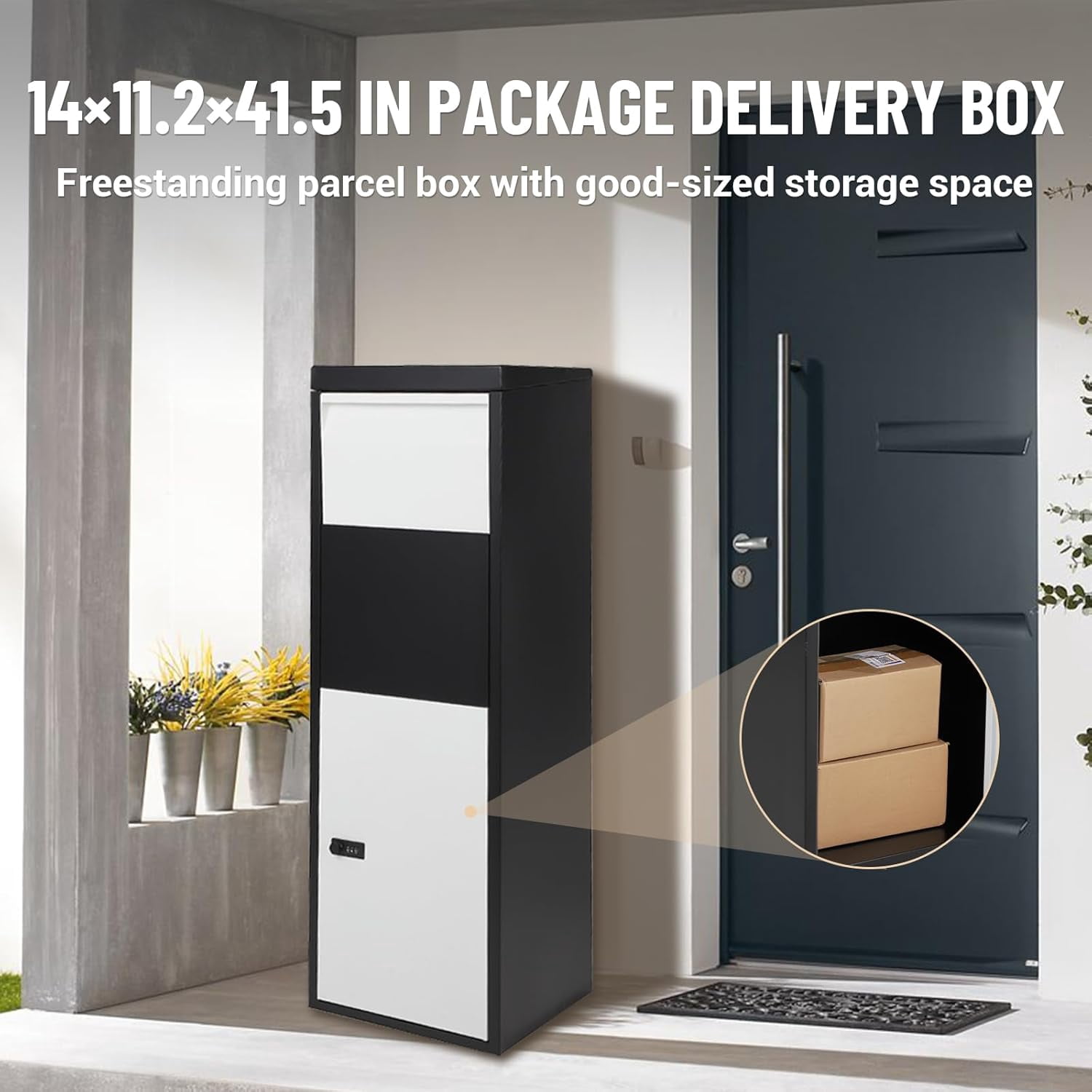 Lockable Outdoor Package Delivery Box, Large Waterproof Mailbox w/Anti-Theft Baffle, Wall-Mounted/Free-Standing Parcel Storage for House/Porch/Curbside, Black
