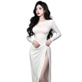 thumbnail image 6 of Women Sexy Long Sleeve High Slit V Neck Dress Wedding Party Club Dresses, 6 of 6