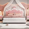 thumbnail image 1 of Cadre de Lit Grand Format Crème et Tête de Lit Couronne Rembourrée Rose - Lit Plateforme Style Princesse, 1 of 9