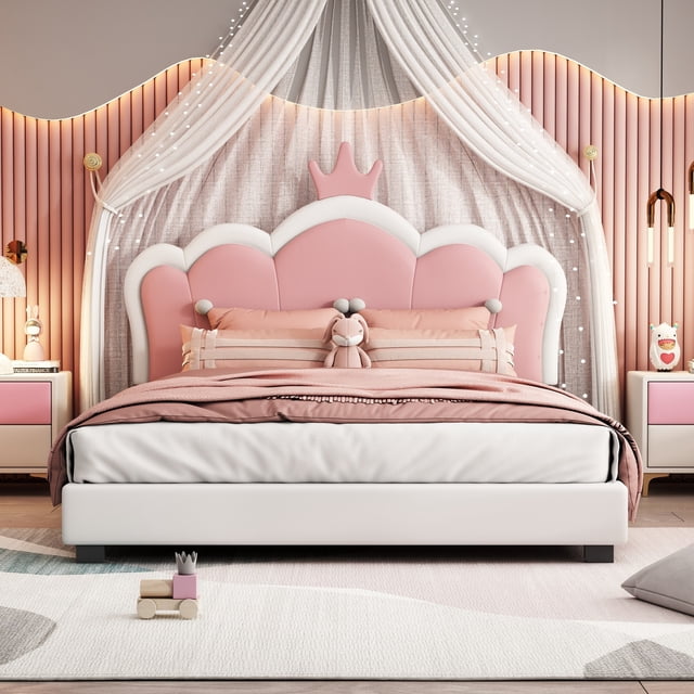 Cadre de Lit Grand Format Crème et Tête de Lit Couronne Rembourrée Rose - Lit Plateforme Style Princesse