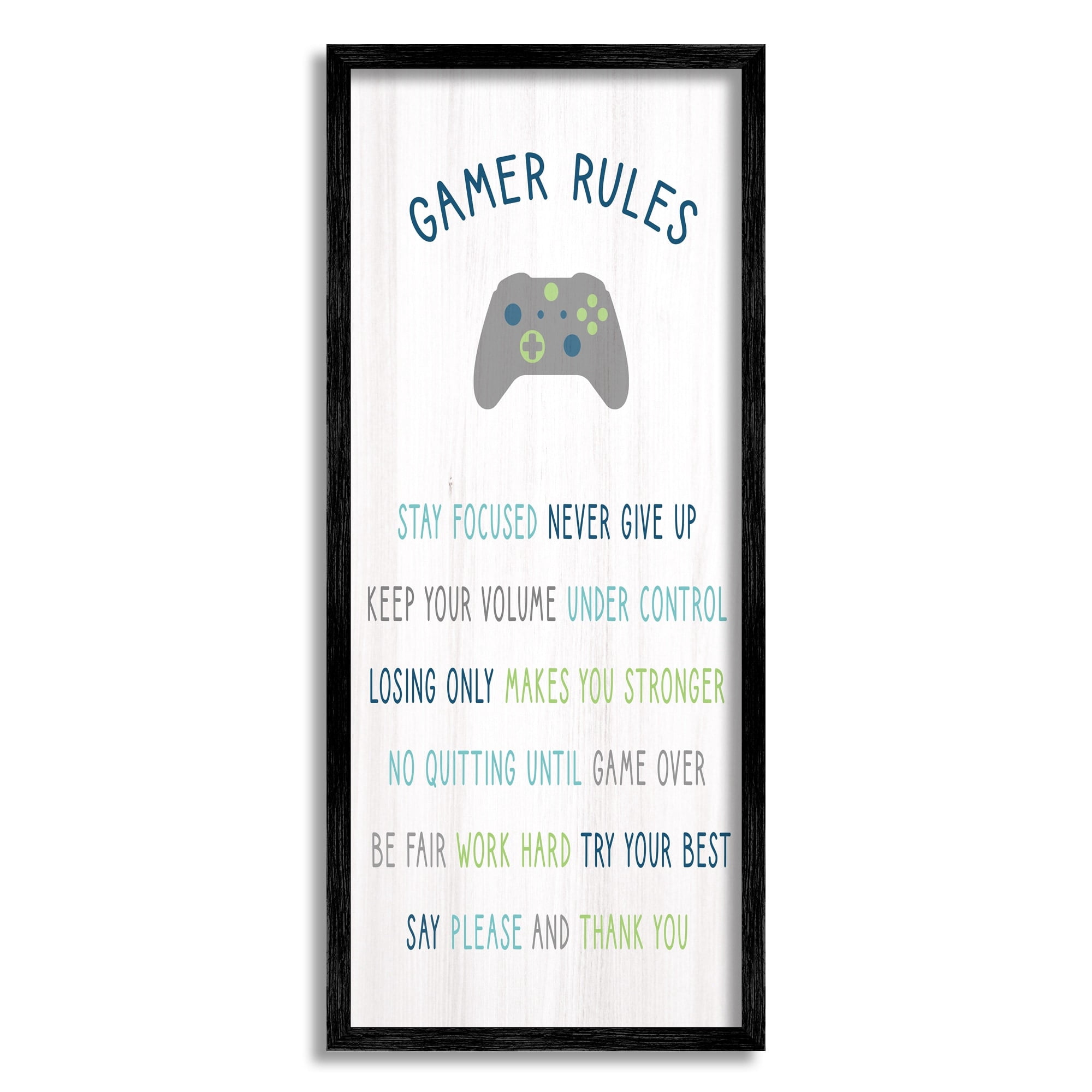 Stupell Industries Gamer Rules Listed Kids Video Game Motivational Phrases Kids Painting Black Framed Art Print Wall Art, 10 x 24, Design by Daphne Polselli