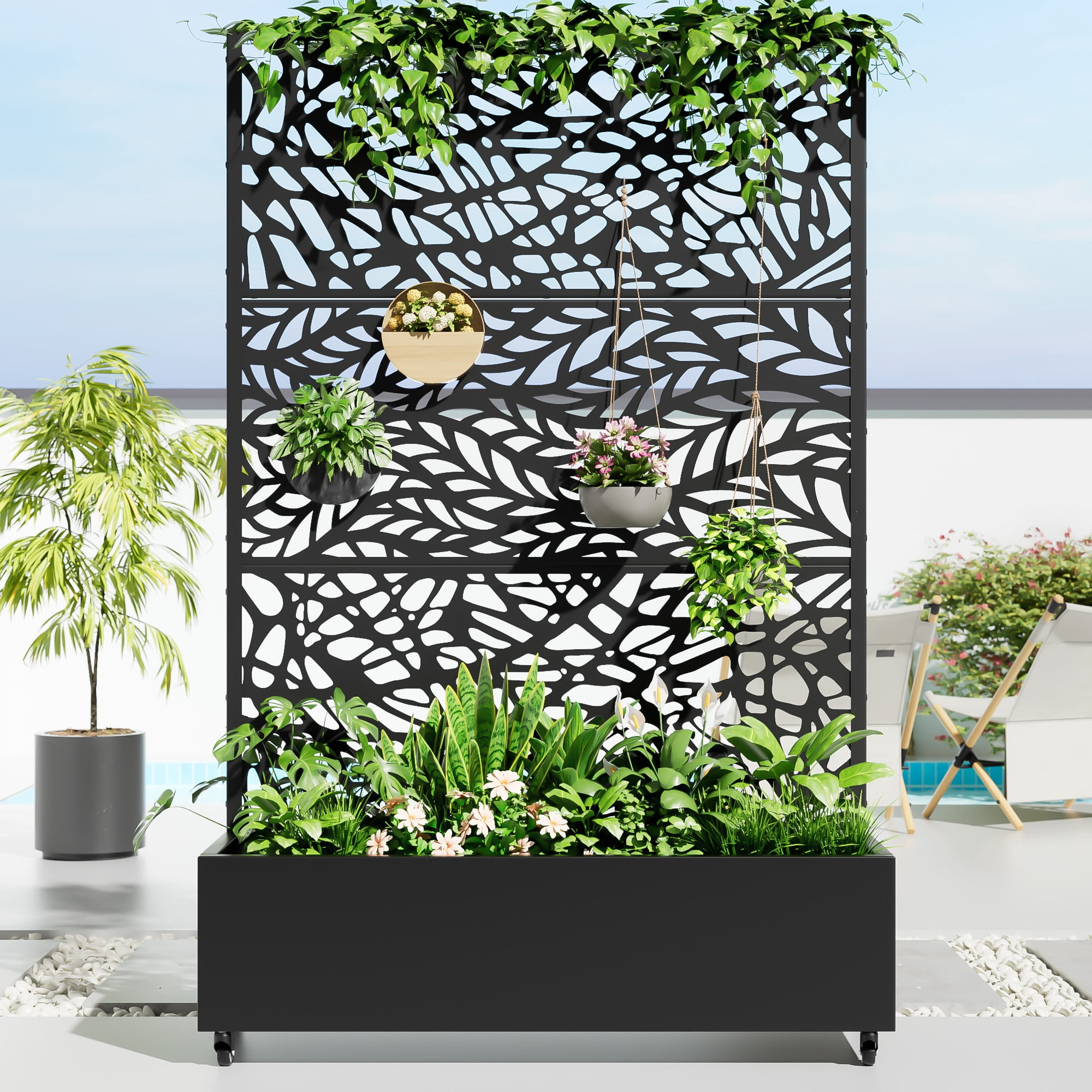 MAYEERTY 47*16*72" Outdoor Black Metal Planter Box with Trellis for Climbing Plants, Leafy & Vine Pattern Panel