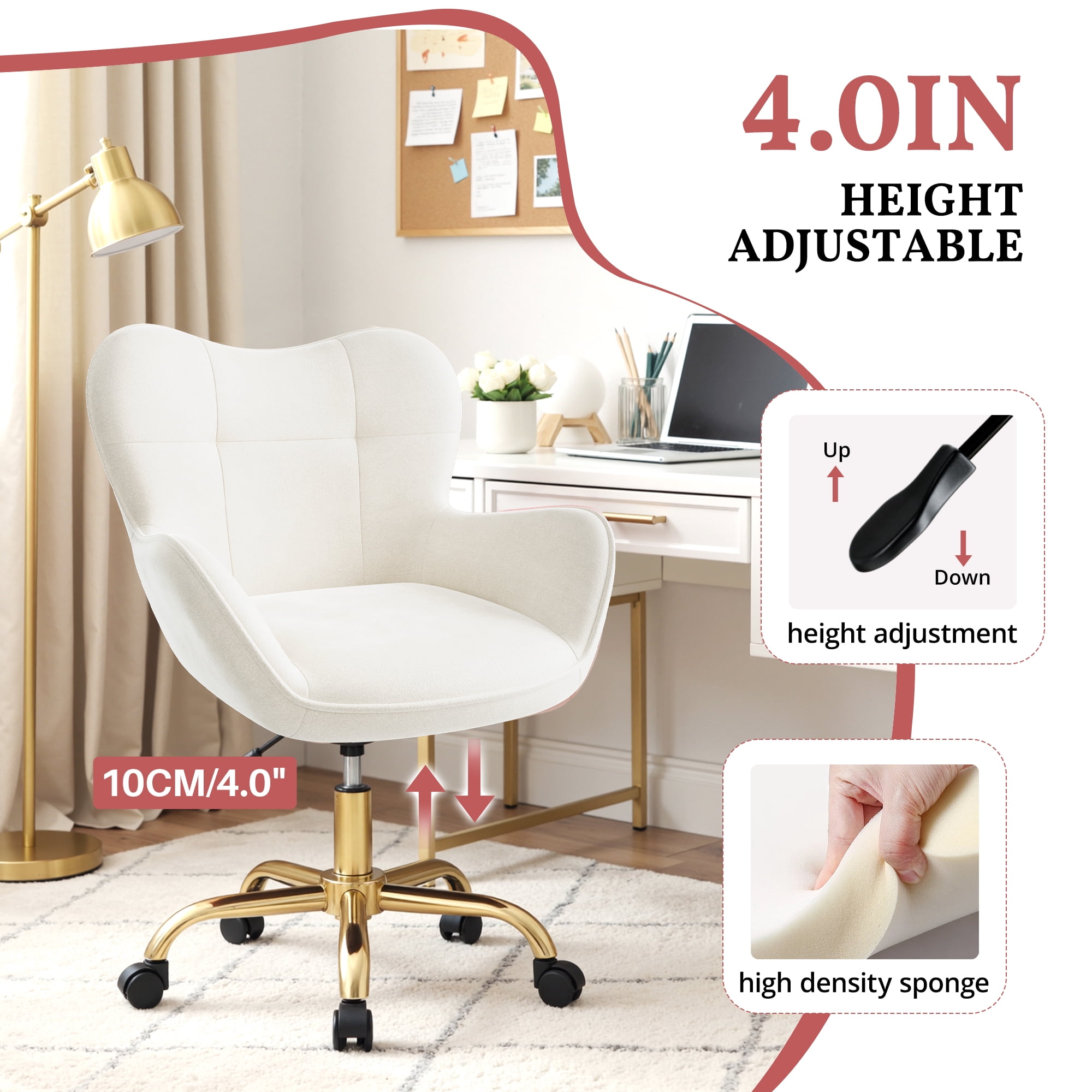 Primy Vanity Chair with Wheels, Home Office Chair Cute Makeup Desk Chairs Adjustable Height for Bedroom, Modern Accent Chair with Back