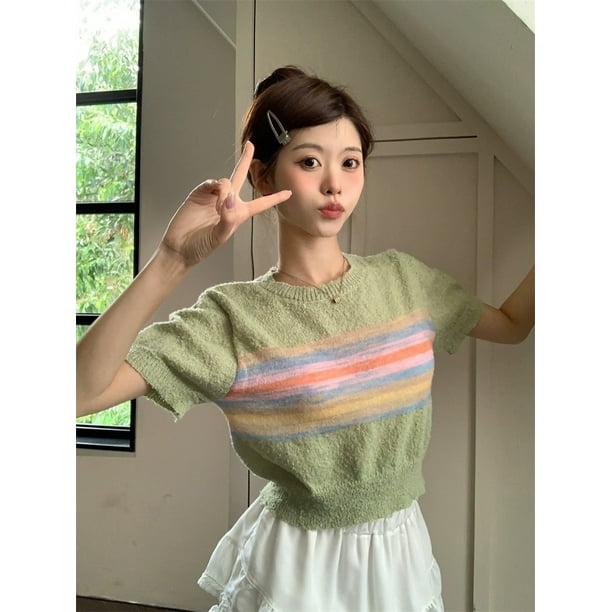 Camisetas de punto para mujer, ropa de calle con paneles, combinables, dulces, para estudiantes, camisetas de manga corta, temperamento, ocio, verano, moda chic