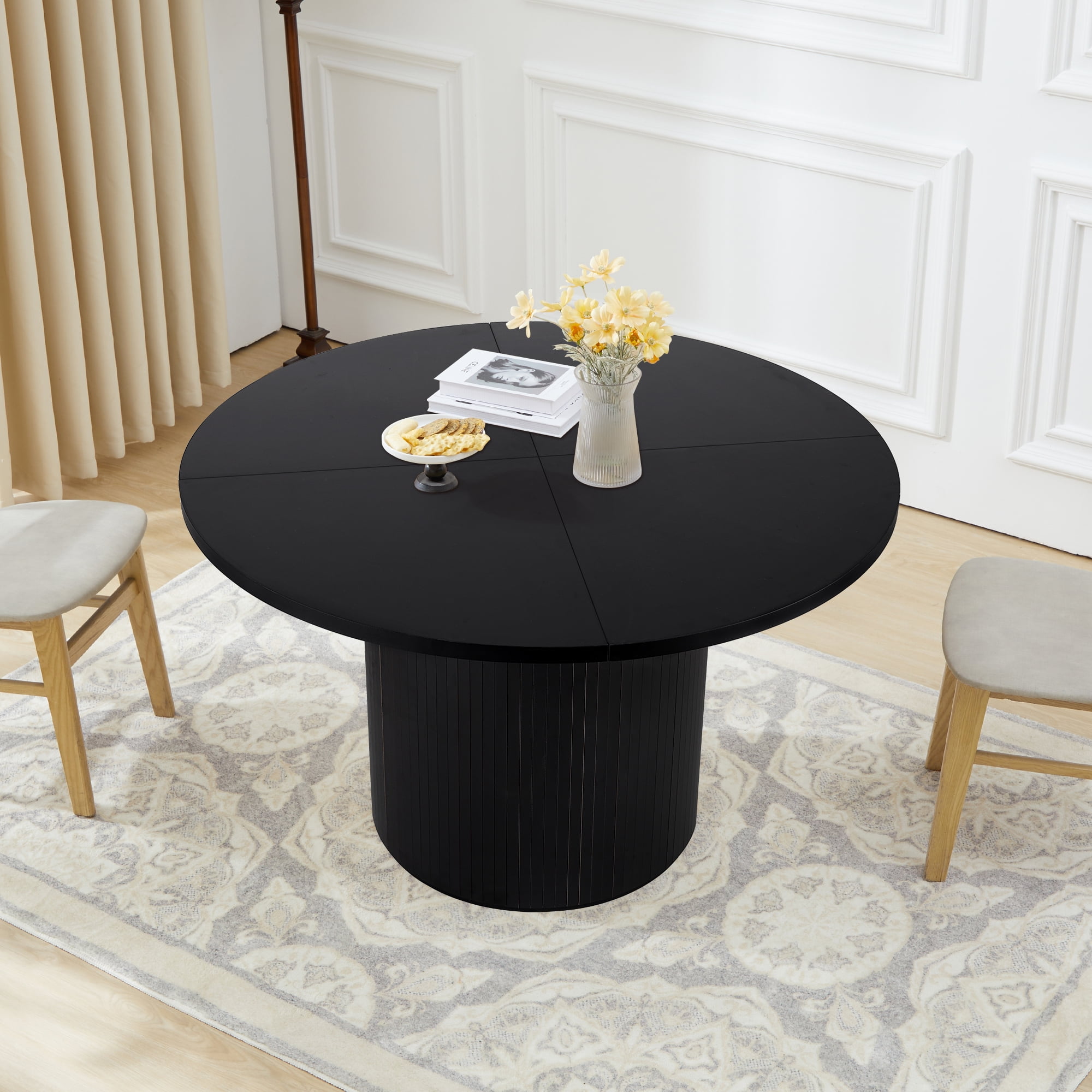 Wirrytor Round Dining Table, Modern Farmhouse Kitchen Table, 47 Inch Coffee Circle Dining Tables with Wood Strip Base for Kitchen Living Room, Black