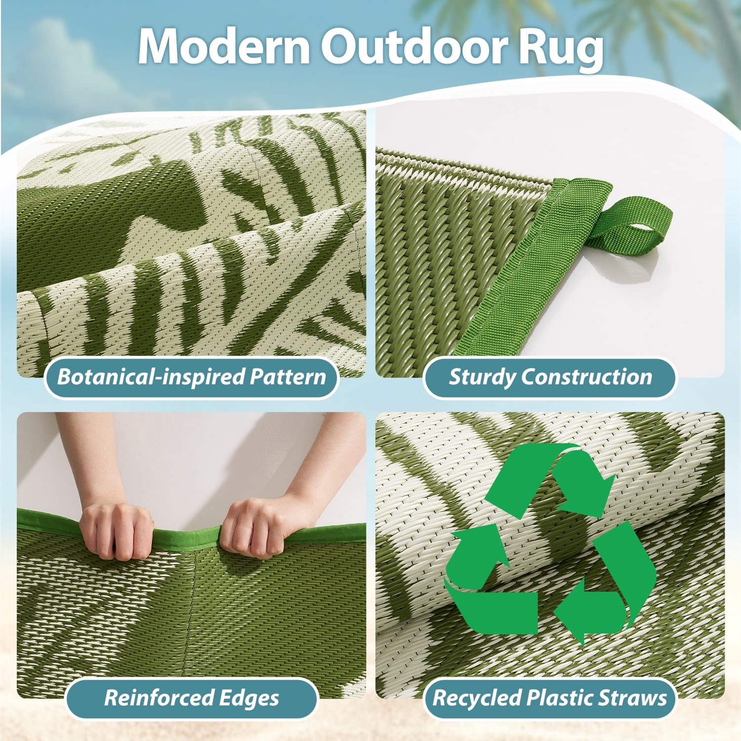 VUNATE Outdoor Rug Carpet 9'x12' Waterproof Reversible Patio Rug Portable Indoor Outdoor Rug Plastic Straw Rug for Beach RV Camping Garden Picnic Deck Backyard Tropical Porch Decor Green