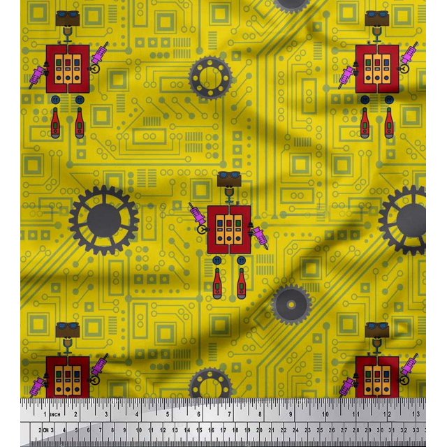 Soimoi Yellow polyester Crepe Fabric Cartoon Machine & Gear Parts Hardware Print Fabric by Yard 52 Inch Wide