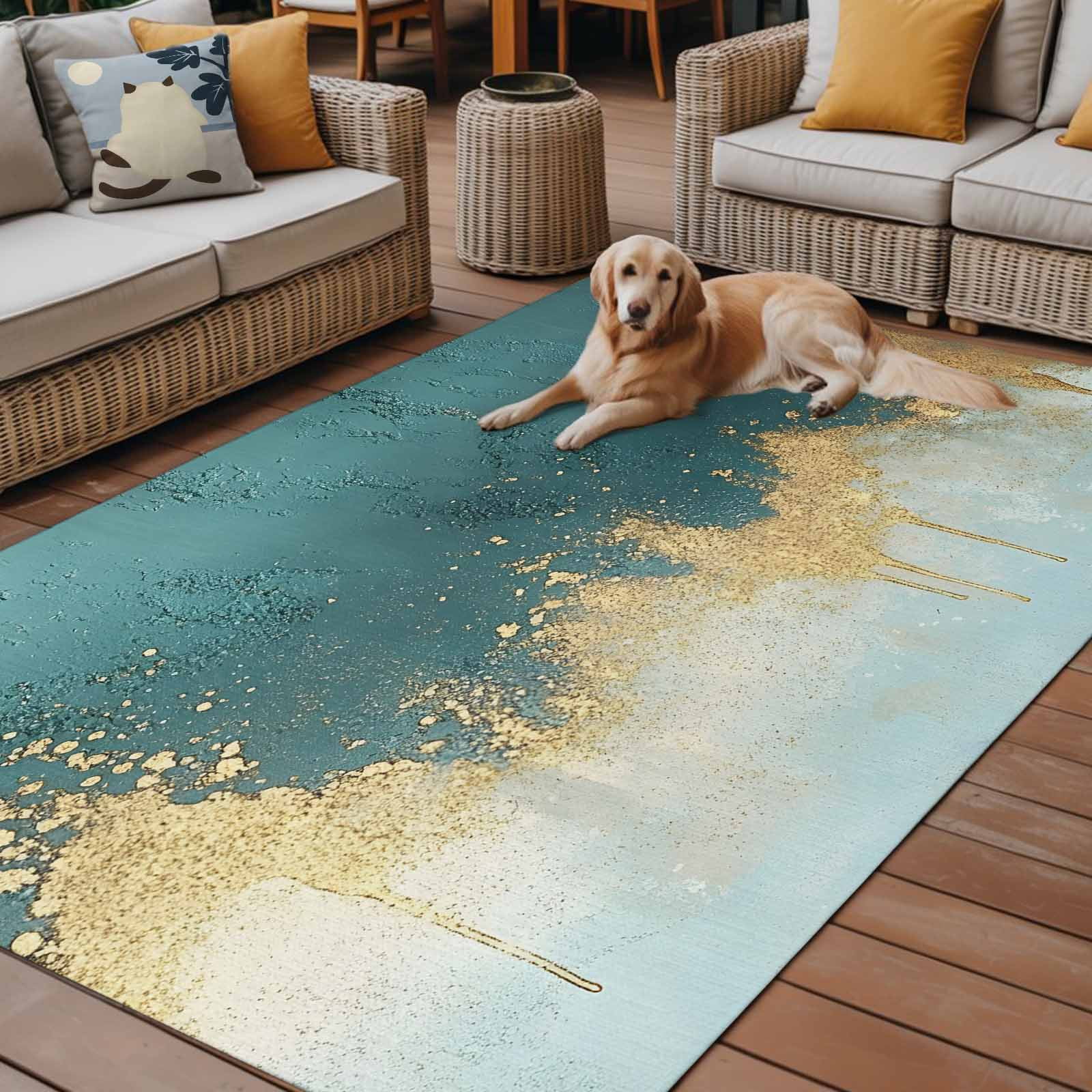 Fsddascl Modern Teal Turquoise Outdoor Rug for Patio/Deck/Porch, Non-Slip Large Area Rug 4 x 6 Ft, Abstract Oil Painting Minimalist Art Indoor Outdoor Rugs Washable Area Rugs, Camping Rug Carpet