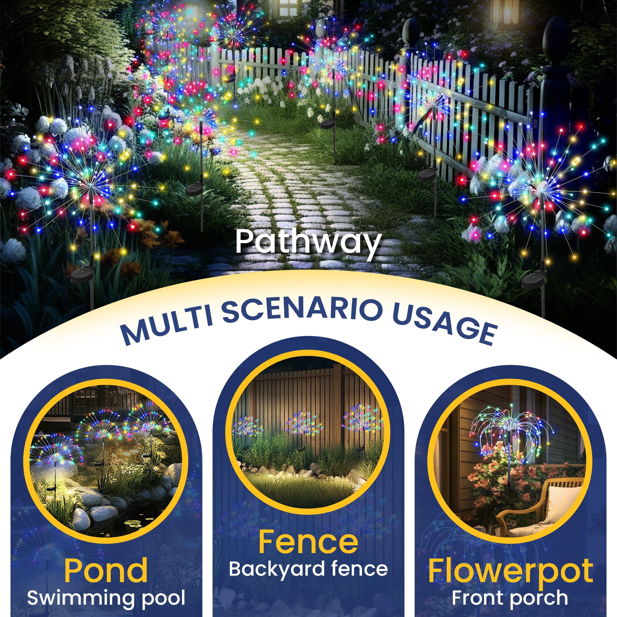 Garden Decor Outdoor Lights 120LED 2Pack, Solar Garden Lights for Christmas Outside Fairy Firework Decorative,Solar Powered for Yard Pathway Flowerbed Planter Balcony Patio Decor (Multicolor)