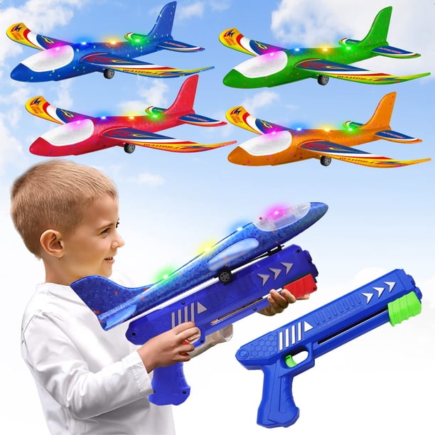 Wesfuner Paquete de 4 juguetes lanzadores de avión 2 modos de vuelo planeador de espuma LED catapulta avión juguete para niños juguetes voladores al aire libre regalos de cumpleaños para niños niñas 4