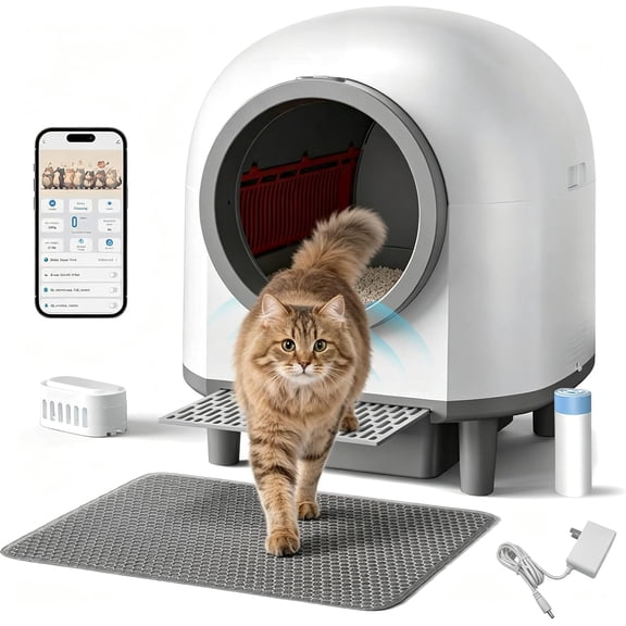 Self Cleaning Cat Litter Box, 90-liter large capacity, smart automatic litter box, controllable via app, dual sensors, with silent and deodorizing functions, and comes with a mat (white).
