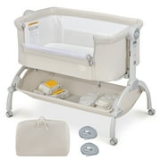 Costway 3-in-1 Portable Baby Bassinet Bedside Sleeper Cradle with Mattress& Storage Basket Beige