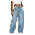 thumbnail image 2 of Ynynloco Women's High Waisted Wide Leg Straight Jeans Buttoned Loose Zimbaplatinum Denim Pants with Pocket, 2 of 4