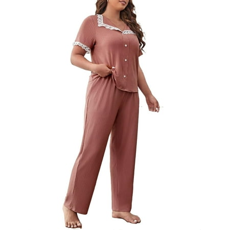 

Women Plus Sleep & Lounge Colorblock Pant Sets Collar Redwood Plus Size Pajama Sets 3XL