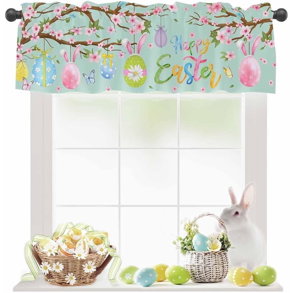 Easter Eggs Valance Curtains for Windows Happy Easter Kithcen Curtians Window Treatment Bunny Rabbit Ears Flower Leaves Green Easter Spring Curtain Valances for Kitchen Bathroom Living Room 54x18 Inch