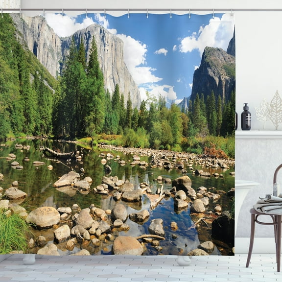 Ambesonne Nature Shower Curtain, Yosemite Forest River, 69"Wx75"L, Green Blue