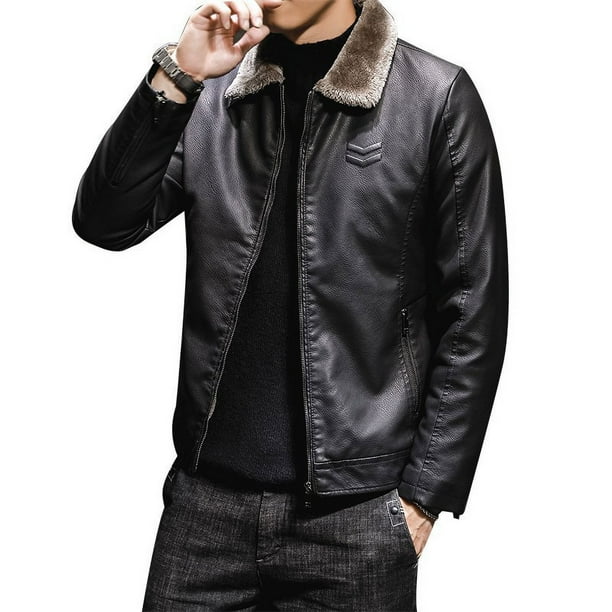 Chaquetas de cuero sintético de invierno para hombre con cremallera y cuello de piel