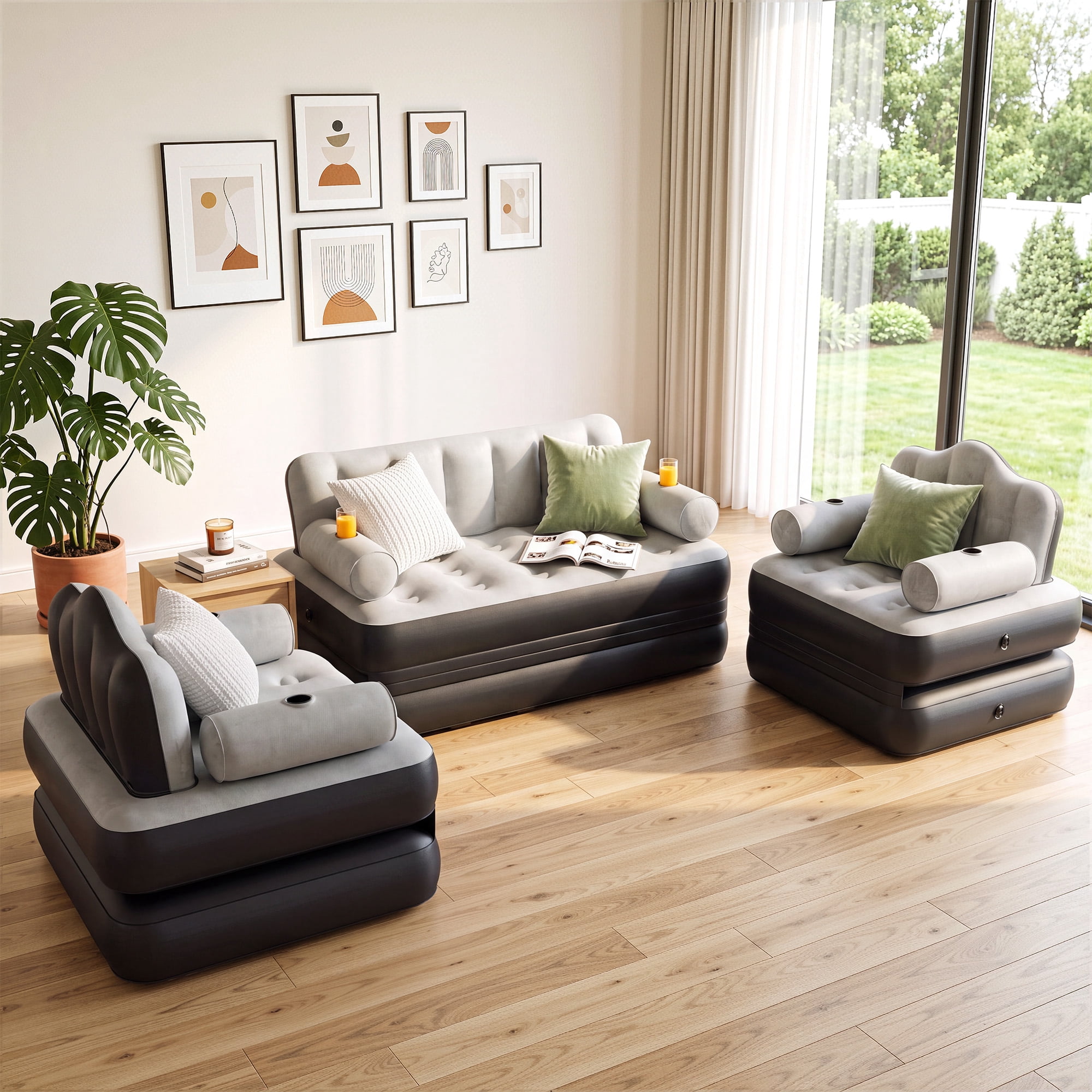 Uforic 3-Piece Air Sofa Bed Set with Pump, Queen & 2 Twin Size 2-in-1 Convertible Inflatable Sofa Bed with Headboard, Cup Holders, Carry Bag for Home Camping Guest Use, Gray
