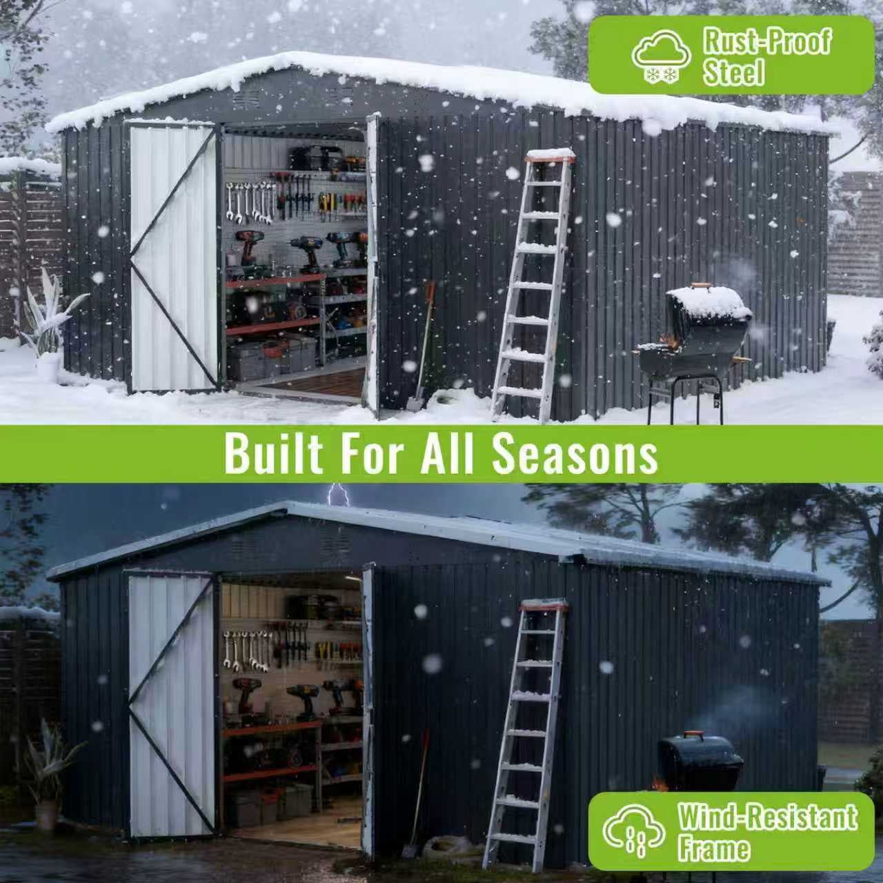 PABIMIA 14 FT x 12 FT Heavy-Duty Steel Outdoor Storage Shed, Garden Tool Shed with Lockable Doors, Black Roof
