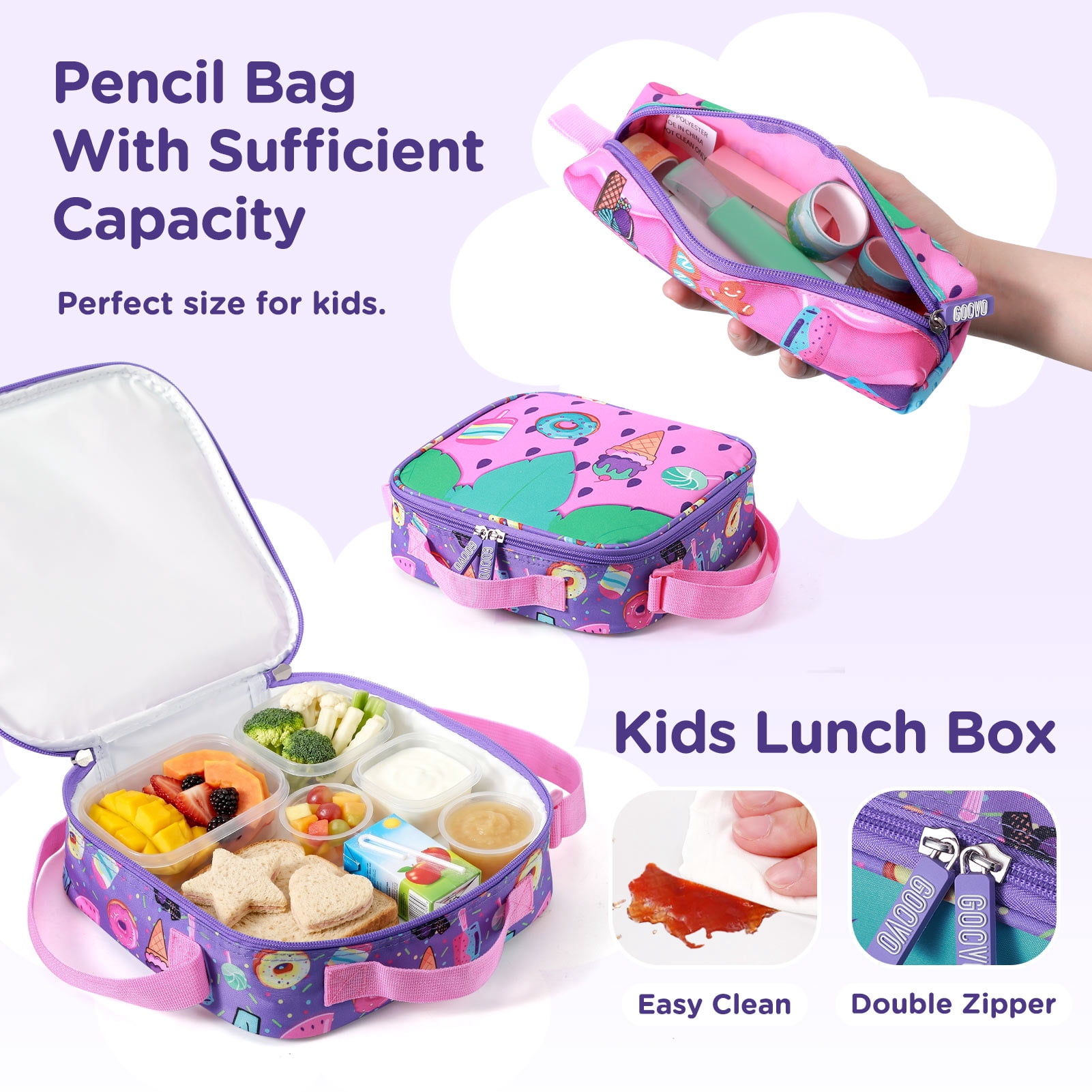Gocvo Kids Backpack for Girls, Waterproof Teens Bookbag Cute School Backpacks, Students Bookbag Set with Lunch Box(Donut)
