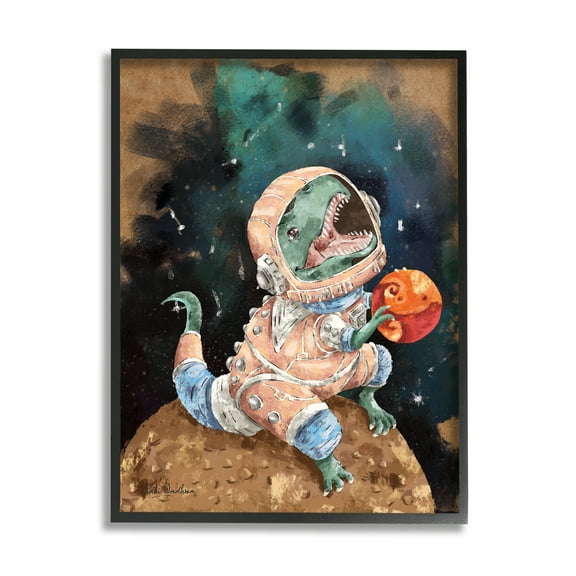 Stupell Industries T-Rex in Outer Space Animals & Insects Painting Black Framed Art Print Wall Art, 11 x 14