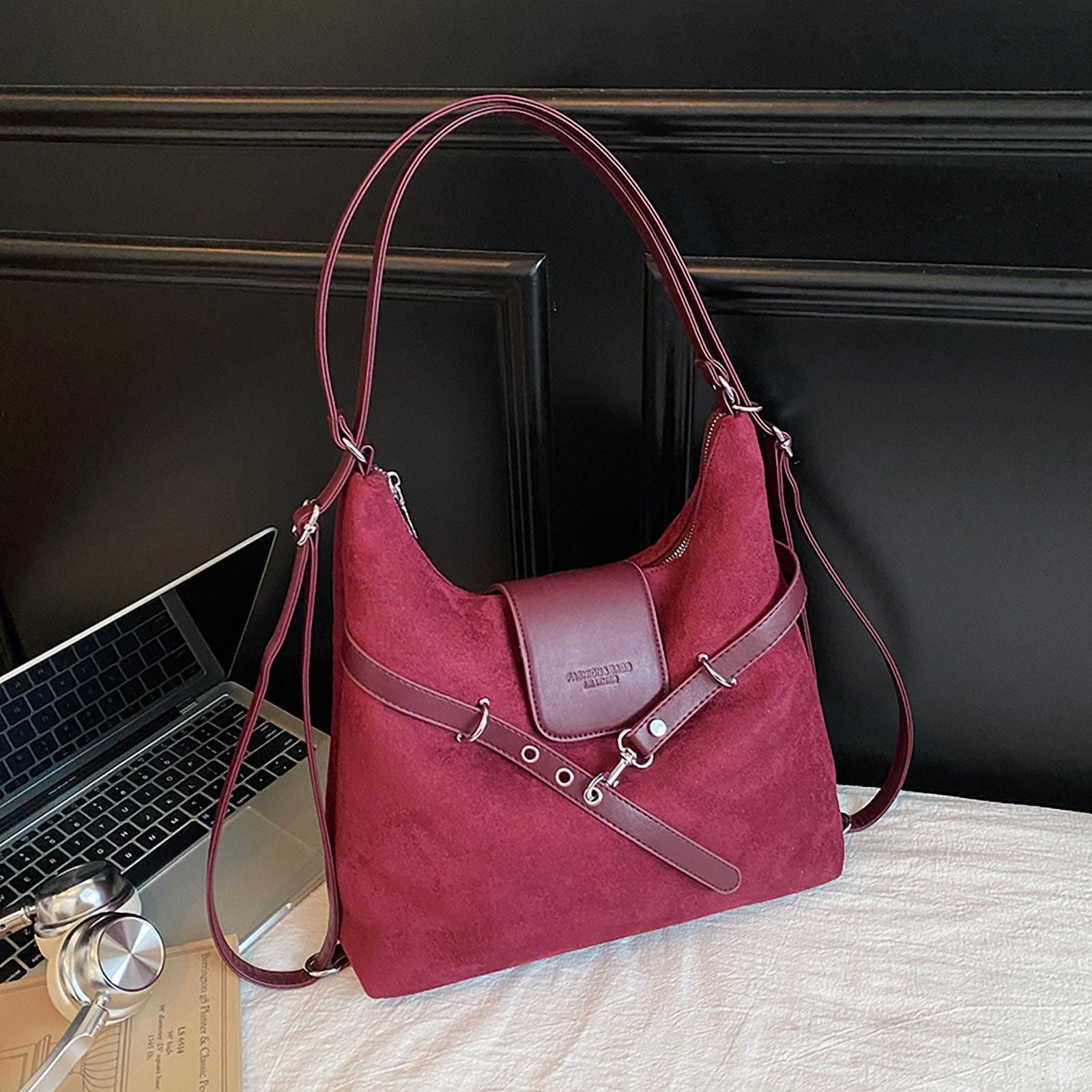 Crossbody Bags for Women, Women Faux Suede Tassel Handbag Adjustable Strap For Work Travel (Wine Red)