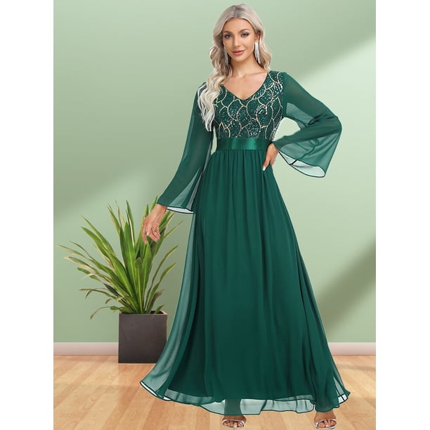 Women Elegant V-neck Long Sleeve Sequin Evening Dress A-Line Chiffon  Wedding Party Gown For Bridesmaid Vestido De Festa - Walmart.ca