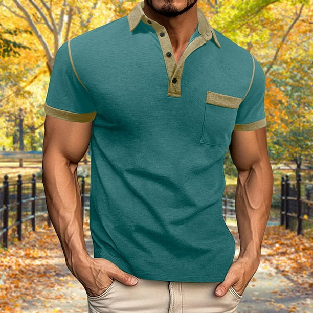 Blusa y camisa de manga corta con cuello vuelto para hombre, estilo casual, de color liso, con solapa, mangas, cuello redondo, botones y bolsillo.
