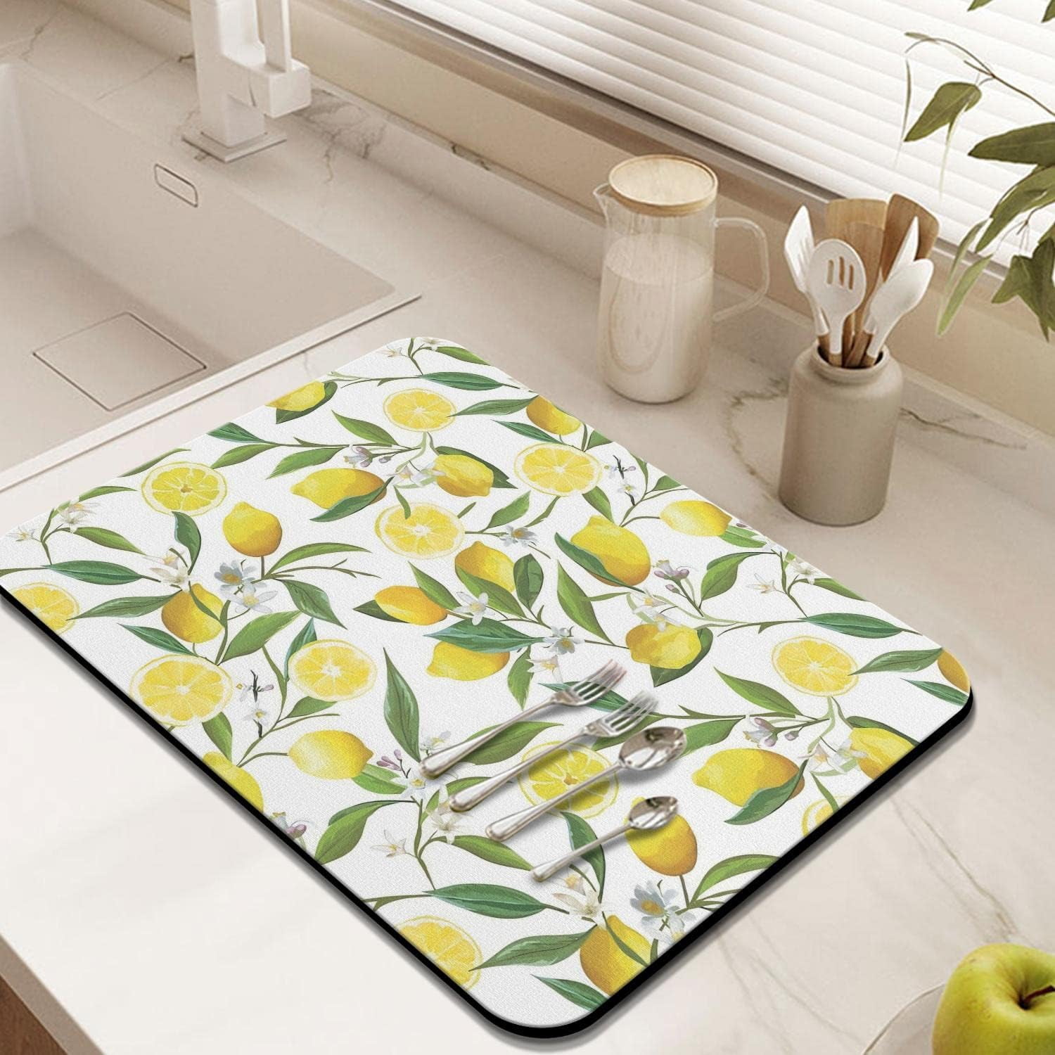 Washable Rubber Lemon Dish Drying Mats For Kitchen Counter Home Large Coffee Bar Pad Accessories And Decor For Utensils Stemware (18''''x24'''')