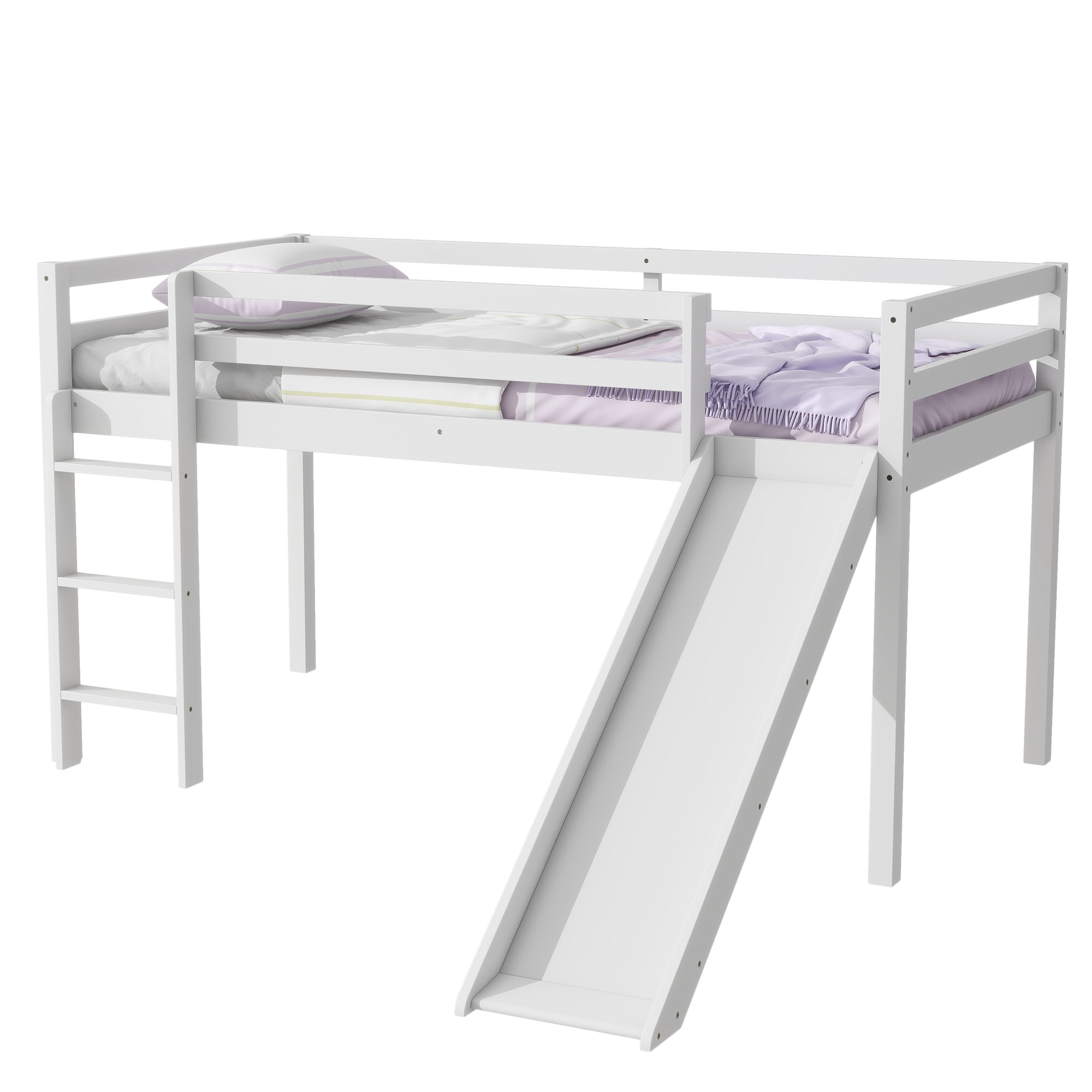 Alvantor Twin Loft Bed with Slide Sturdy Wood Loft Bed for Kids Teens, 300lbs, Safety Rails and Easy Assemble, White Oak